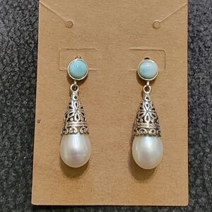 Larimar and Pearl Drop Earrings - Silver Filigree